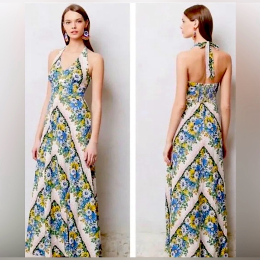 Anthropologie Floral Halter Maxi Dress in Blue, Yellow, Cream